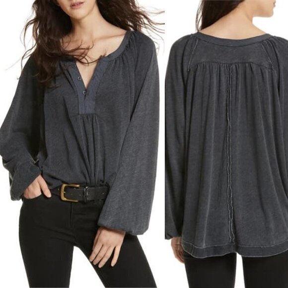 We The Free People Acadia Henley Grey Bubble Sleeve Flowy Oversized Blouse - Picture 1 of 8